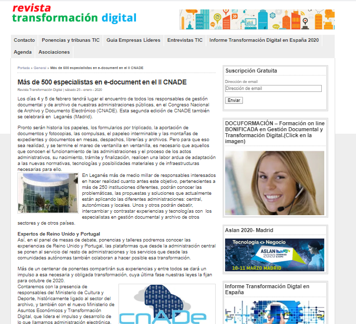 Noticia de la Revista de transformación digital sobre el CNADE